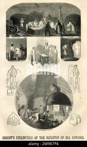 Knight's Cyclopedia of the Industry of All Nations, détaillant le contenu de la grande exposition de Londres. Montrant le coulage de verre de plaque, un four de soufflage de verre et d'autres processus. Banque D'Images