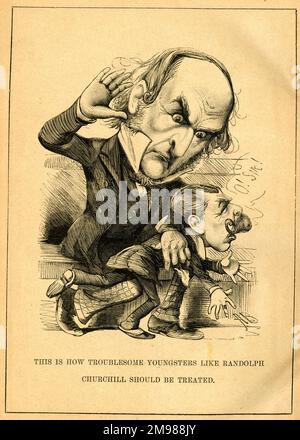 Caricature, William Gladstone (1809-1898), premier ministre libéral, punit son jeune collègue politique, Lord Randolph Henry Spencer Churchill (1849-1895), pour avoir causé des problèmes. Banque D'Images