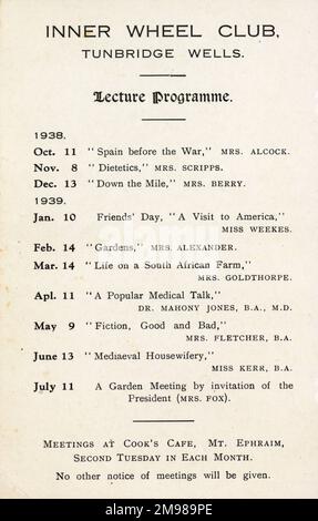 Carte d'invitation, Inner Wheel Club, Tunbridge Wells, Kent -- Programme de conférences pour 1938 et 1939. Banque D'Images