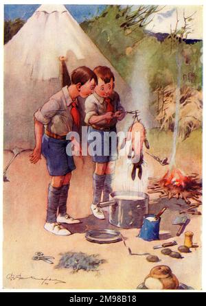 Caricature, le mess des officiers - scouts au camp, essayant de cuisiner un lapin. Banque D'Images