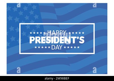 Carte de vœux Happy Presidents Day, prospectus de vente, bannière, affiche avec drapeau américain. Jour férié du président aux États-Unis. Calligraphie patriotique sur le dos bleu Illustration de Vecteur