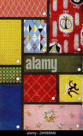 Illustration dans le livre de rideau, montrant divers motifs de tissu. Banque D'Images