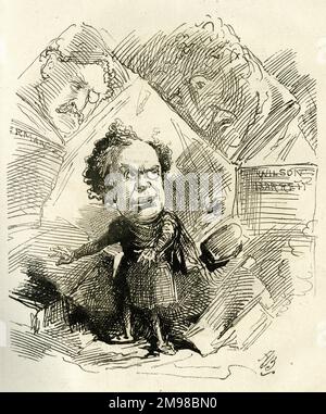 Caricature de John Lawrence Toole (1830-1906), comédien anglais, directeur de théâtre et producteur. Vu ici dans une production au Princess's Theatre, Londres, de la pièce de Burnand, Paw Claudian, une burlesque du drame de costume de 1883, Claudian, par Henry Herman et W G Wills. Faites attention, Monsieur Toole, ou le tremblement de terre de Claudian apportera la princesse sur vos oreilles. Banque D'Images