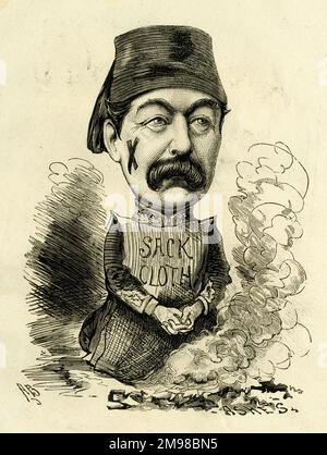 Caricature, Valentine Baker (1827-1887), soldat britannique, également connu sous le nom de Baker Pasha -- Penance! Il a servi avec les armées britannique et ottomane et a participé à plusieurs guerres. Cette caricature est un commentaire sur une défaite militaire à la bataille d'El TEB, au Soudan. Banque D'Images