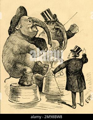 Caricature, un maître de sonnerie avec deux éléphants de spectacle -- celui avec la longue et mince moustache est le directeur de théâtre William Holland. Banque D'Images