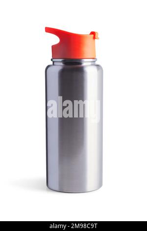 Thermos métalliques avec couvercle en plastique rouge isolé sur blanc Banque D'Images