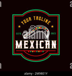 Chapeau Sombrero rétro coloré, logo Emblem, vecteur simple sur fond sombre Illustration de Vecteur