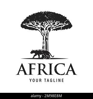 Motif arbre africain avec Tiger Jaguar Leopard Cheetah Puma Panther Silhouette pour Safari Adventure logo Design Vector Illustration de Vecteur
