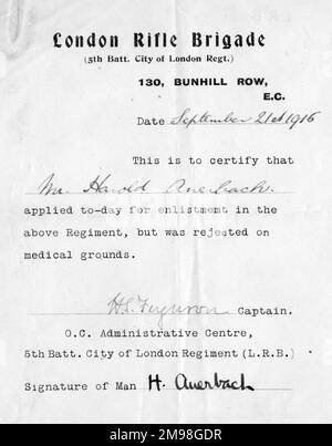 Lettre de confirmation déclarant Harold Auerbach (1897-1975) inapte au service militaire pour des raisons médicales, 21 septembre 1916. Il avait demandé l'enrôlement dans la Brigade des fusils à Canon de Londres. Banque D'Images