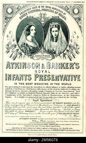 Atkinson & Barker's Royal Infants conservateur, a déclaré être le meilleur médicament au monde, sur rendez-vous royal, avec des portraits de la reine Victoria et de la princesse Alexandra dans leurs robes de mariée. Banque D'Images