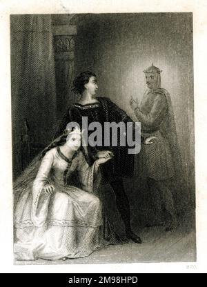 Scène du Hamlet de Shakespeare, montrant Hamlet avec sa mère, la reine Gertrude, et le fantôme de son père en arrière-plan. Banque D'Images