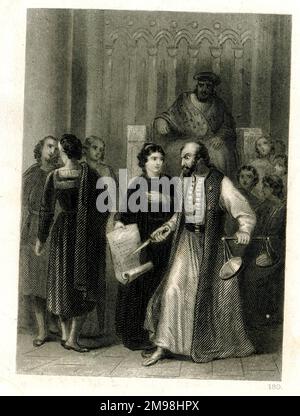 Scène du Merchant de Venise de Shakespeare, montrant Shylock en cour vers la fin de la pièce, essayant d'obtenir sa livre de chair. Banque D'Images