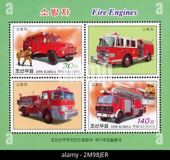 2011 jeu de timbres de la Corée du Nord. Ensemble de moteurs d'incendie. Banque D'Images