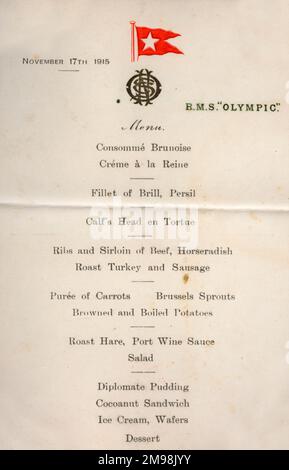 Carte de menu, RMS Olympic, White Star Line, 17 novembre 1915. À ce moment-là, le navire était utilisé pour transporter des troupes à Gallipoli. Banque D'Images