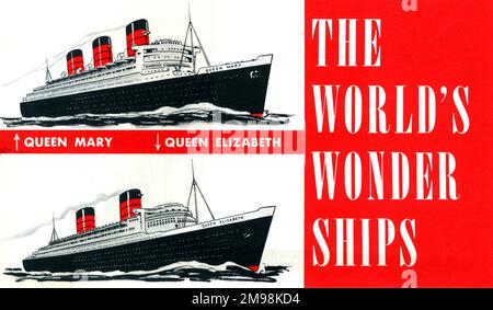 Conception de couverture, les navires Wonder du monde, montrant les navires de croisière Queen Mary et Queen Elizabeth Cunard Line. Banque D'Images