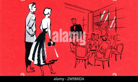 Illustration dans les WWonder Ships du monde -- les gens dans un restaurant de première classe sur le paquebot Queen Elizabeth Cunard. Banque D'Images