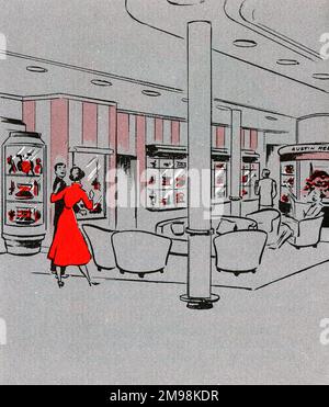 Illustration dans le monde des navires de merveille -- personnes dans le foyer principal du paquebot Queen Mary Cunard, contenant une gamme de magasins. Banque D'Images