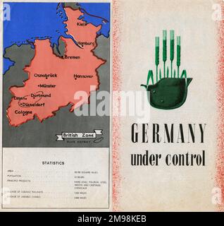 Deux pages (couverture avant et arrière) d'une brochure de reconstruction d'après-guerre -- l'Allemagne sous contrôle, avec une carte montrant la zone britannique, et des statistiques. Banque D'Images