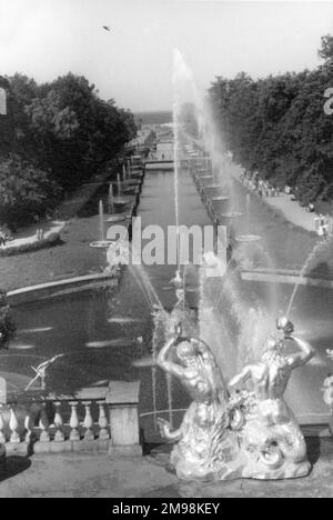 Palais et jardin de Peterhof avec statues et fontaines à Saint-Pétersbourg (Leningrad), Russie, pendant l'ère soviétique, juillet 1959. Banque D'Images