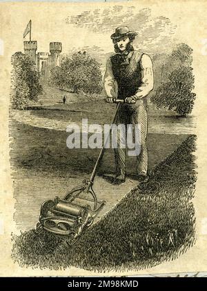 Homme fauchant dans le parc du château. Banque D'Images