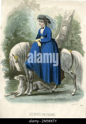 Assiette à la mode française, dame assise à cheval sur un cheval avec un chien de compagnie à côté. Banque D'Images