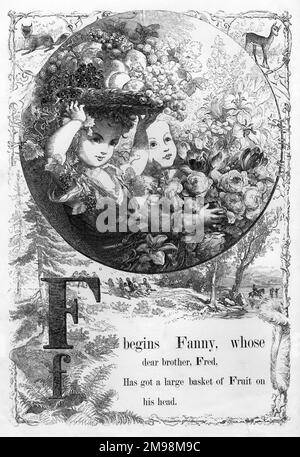 La photo de la mère Alphabet -- F, montrant deux enfants avec des fruits et des fleurs. Banque D'Images