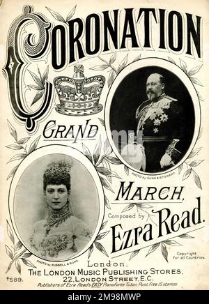 Couverture musicale, Coronation Grand March, composée par Ezra Read, avec des portraits du roi Edward VII et de la reine Alexandra. Banque D'Images