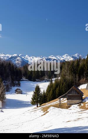 Chalets typiques en bois à Gorjuse, parc national de Triglavski, Slovénie Banque D'Images