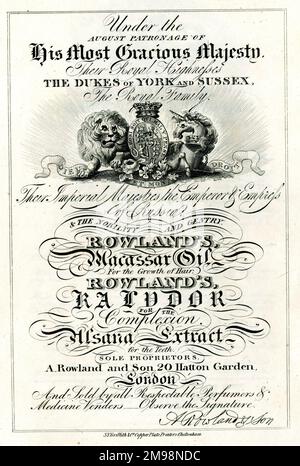 Publicité, A Rowland and son, Hatton Garden, Londres, pour Macassar Oil et d'autres produits. Banque D'Images