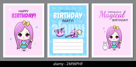 Ensemble de cartes de voeux joyeux anniversaire avec princesse chibi fille. Illustration de Vecteur