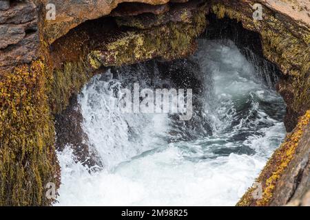 Vagues de l'océan Atlantique qui frappent Thunder Hole dans le parc national Acadia, Maine Banque D'Images