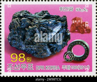 2011 jeu de timbres de la Corée du Nord. Minéraux. Stibnite Banque D'Images