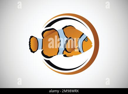 Poisson clownfish dans un cercle. Modèle de conception du logo FISH. Icône de concept de logotype de restaurant de fruits de mer. Illustration de Vecteur