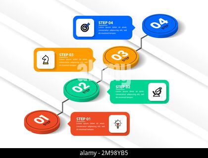 Modèle d'infographie avec icônes et 4 options ou étapes. Escaliers. Peut être utilisé pour la mise en page de flux de travail, le diagramme, la bannière, la conception Web. Illustration vectorielle Illustration de Vecteur