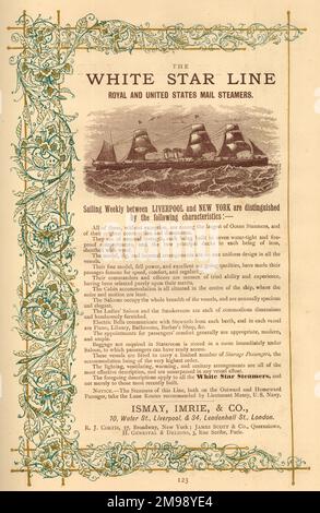 Publicité, White Star Line, Royal et United States Mail Steamers, voile hebdomadaire entre Liverpool et New York. Banque D'Images