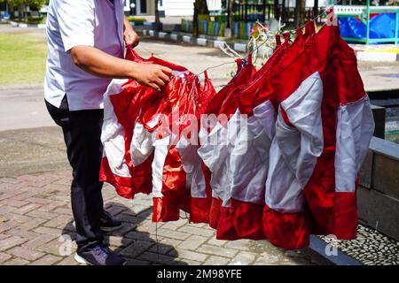 Mise en place d'une décoration de chaîne de drapeaux pour le jour de l'indépendance Banque D'Images