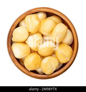 Mini Spizico de samorza fumé, dans un bol en bois. De minuscules morilles de pâtes italiennes filata, de fromage à la caillé, avec un arôme intense et une couleur tawny. Banque D'Images