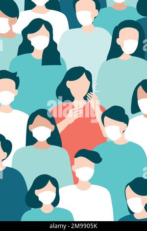 La femme infectée par le coronavirus tousse dans un vecteur de fond de la couronne Illustration de Vecteur