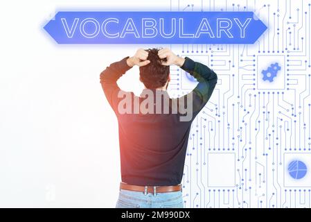 Légende conceptuelle Vocabulaire, mot écrit sur une collection de mots et de phrases classés par ordre alphabétique et expliqués ou définis Banque D'Images