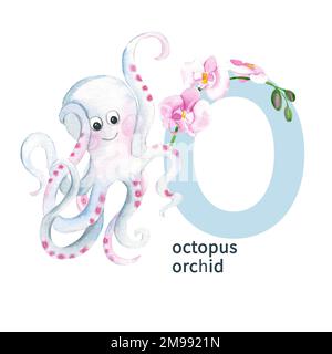 Lettre O, poulpe, orchidée, animal mignon et fleur ABC alphabet. Illustration aquarelle isolée sur fond blanc. Peut être utilisé pour l'alphabet ou Banque D'Images