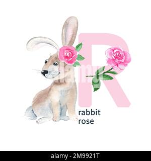 Lettre R, lapin et rose, joli animal et fleur ABC alphabet. Illustration aquarelle isolée sur fond blanc. Peut être utilisé pour l'alphabet ou Banque D'Images