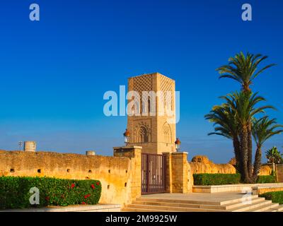 Vue sur le minaret de la Tour Hassan par une journée ensoleillée à Rabat, au Maroc Banque D'Images