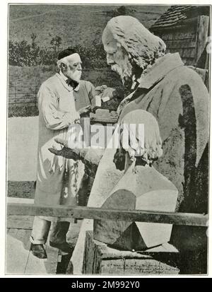 George Frederick Watts RA, peintre et sculpteur, travaillant sur une grande statue d'Alfred Lord Tennyson. Banque D'Images