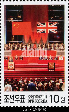 2011 jeu de timbres de la Corée du Nord. La question de l'amitié chinoise. Transfert de Hong Kong du Royaume-Uni à la République populaire de Chine Banque D'Images