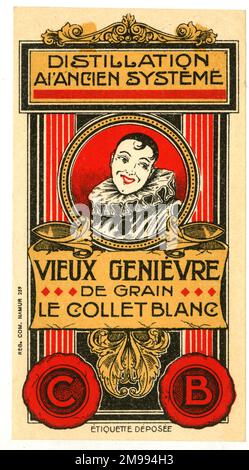 Étiquette de bouteille de boisson française, Vieux Genièvre de grain (Old Juniper, Jenever, Gin néerlandais), le collet blanc. Banque D'Images