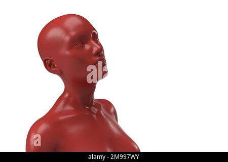 3D réalisation d'un portrait d'une femme chauve matte rouge sur fond blanc. Banque D'Images