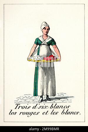 Cries de Paris - commerçant de rue avec un plateau d'oeufs rouges et blancs. Banque D'Images