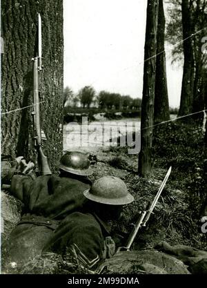 Le début de la fin de la première Guerre mondiale - un avant-poste des Argyll et Sutherland Highlanders sur la rive de la rivière canalisée Lys, à Saint-Floris, dans le nord de la France, 9 mai 1918. Banque D'Images