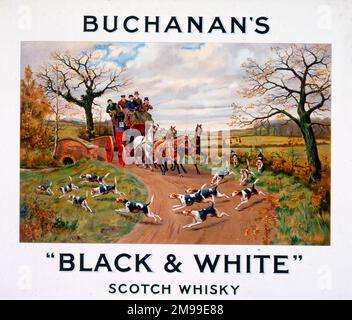 Carte d'affichage publicitaire, Stagecoach, Buchanan's Black & White Scotch Whisky. Banque D'Images