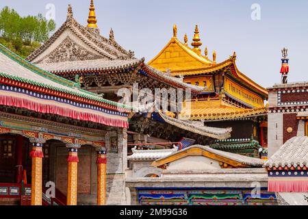 Ornements et sculptures sur le toit et devant le monastère tibétain Kumbum Champa Ling près de Xining, Chine Banque D'Images